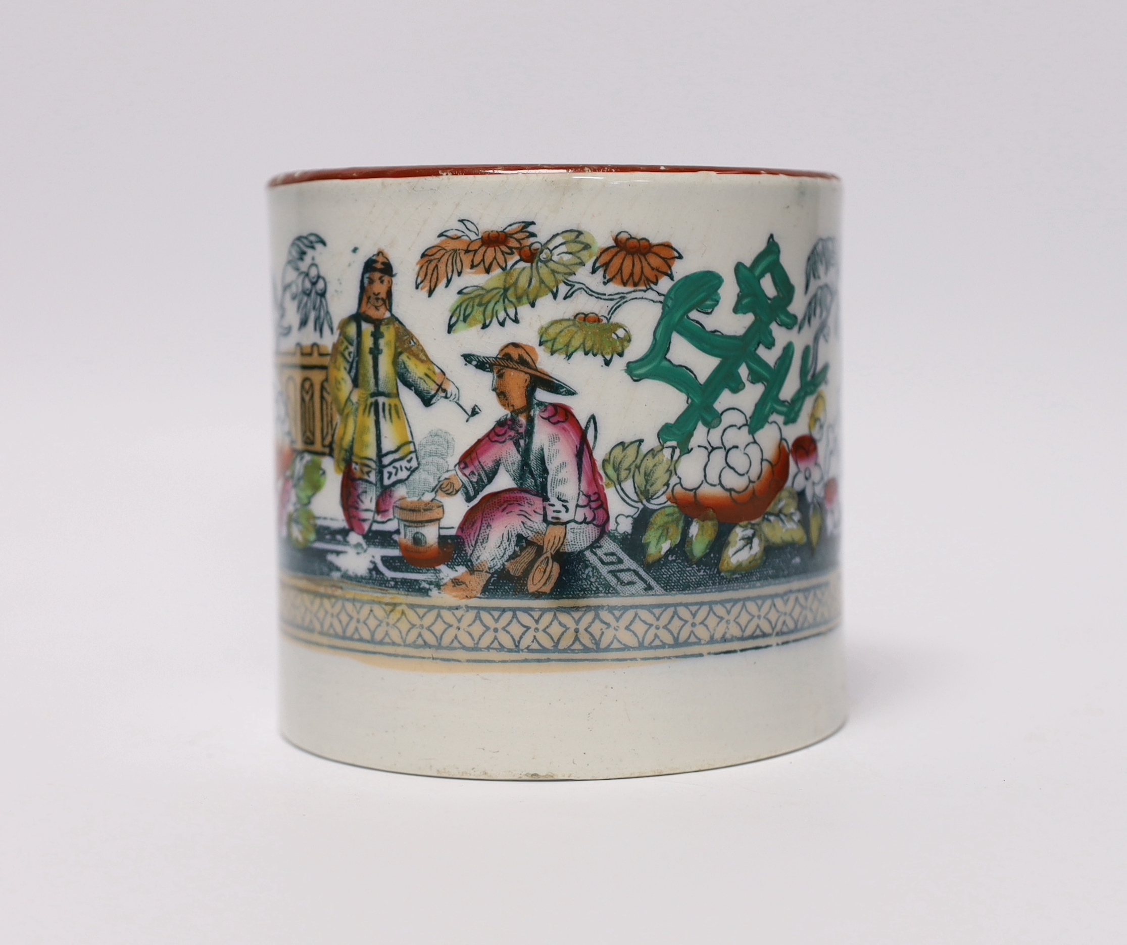 An early 19th century Staffordshire pearlware cylindrical large tankard decorated with Chinese figures and motifs (E and H), 10cm